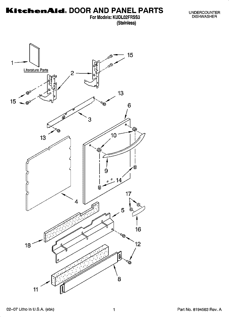 DOOR AND PANEL PARTS Diagram and Parts List for KUDL02FRSS3  KitchenAid Dishwasher