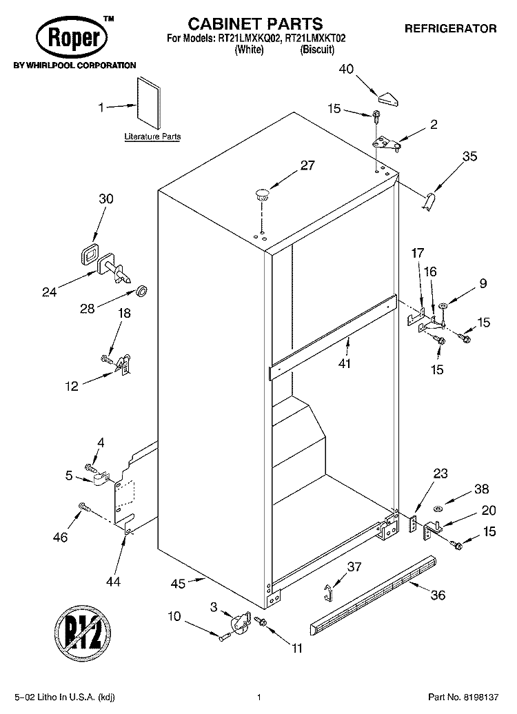 CABINET, LITERATURE Diagram and Parts List for RT21LMXKT02  Roper Refrigerator