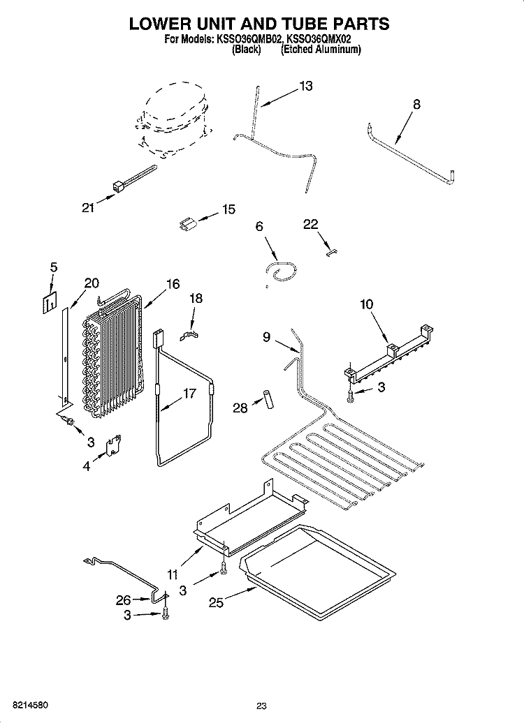 LOWER UNIT AND TUBE PARTS Diagram and Parts List for KSSO36QMX02  KitchenAid Refrigerator