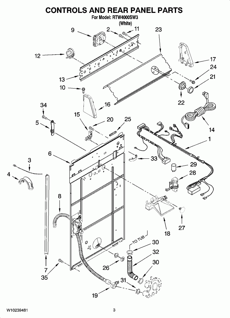 CONTROL AND REAR PANEL PARTS Diagram and Parts List for RTW4000SW3  Roper Washer