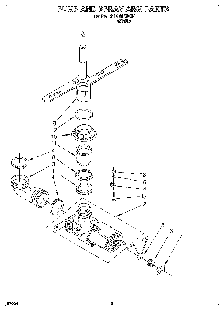 PUMP AND SPRAY ARM Diagram and Parts List for DU8150XX4  Whirlpool Dishwasher