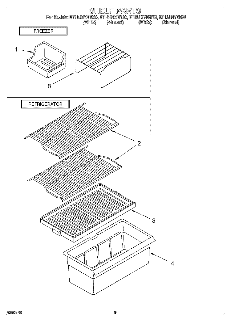SHELF, LIT/OPTIONAL Diagram and Parts List for ET16JMXHW00  Whirlpool Refrigerator