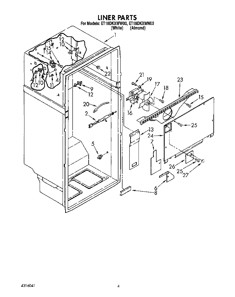 LINER Diagram and Parts List for ET18DKXWN00  Whirlpool Refrigerator