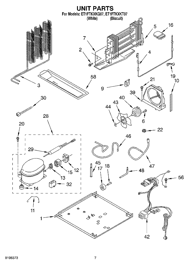 UNIT Diagram and Parts List for ET1FTKXKQ07  Whirlpool Refrigerator