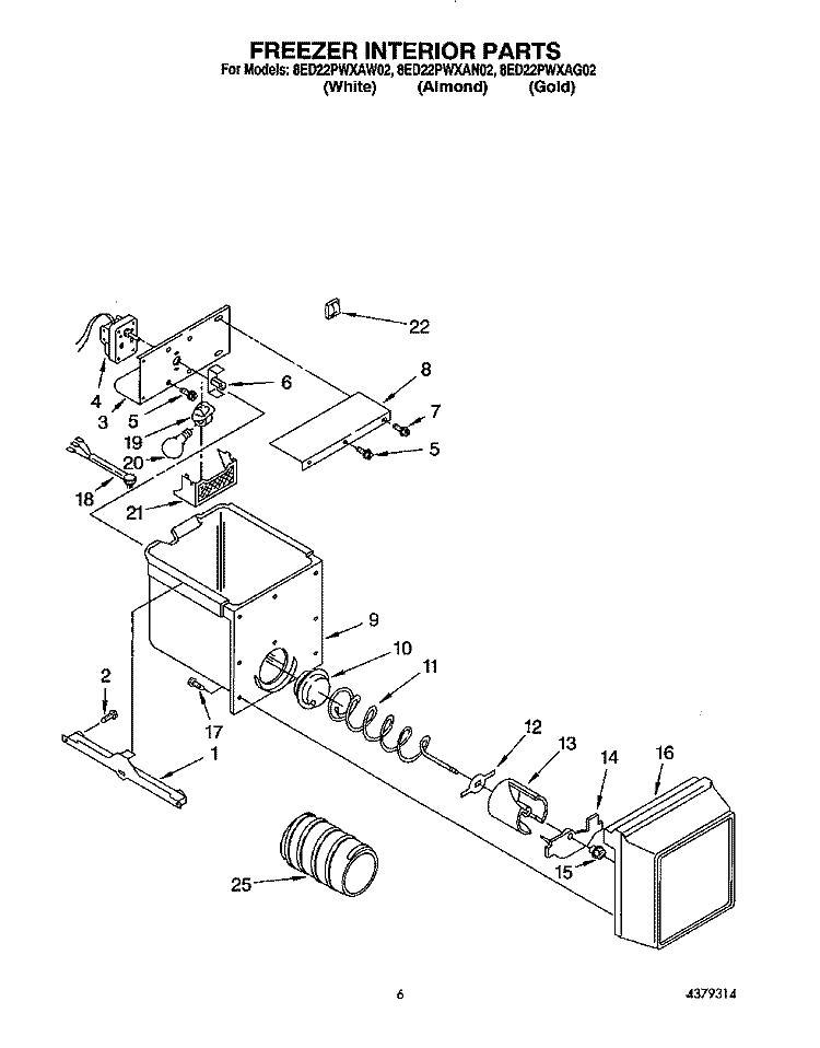 FREEZER INTERIOR Diagram and Parts List for 8ED22PWXAW02  Whirlpool Refrigerator