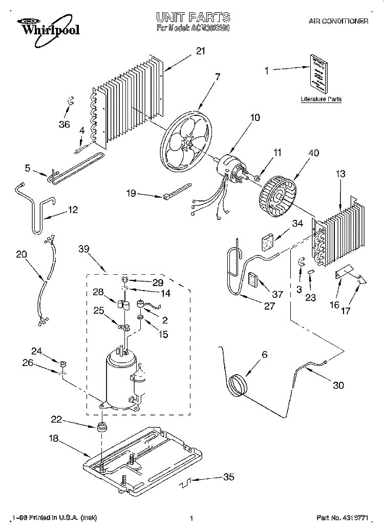 UNIT, LITERATURE Diagram and Parts List for ACM062XG0  Whirlpool Air Conditioner