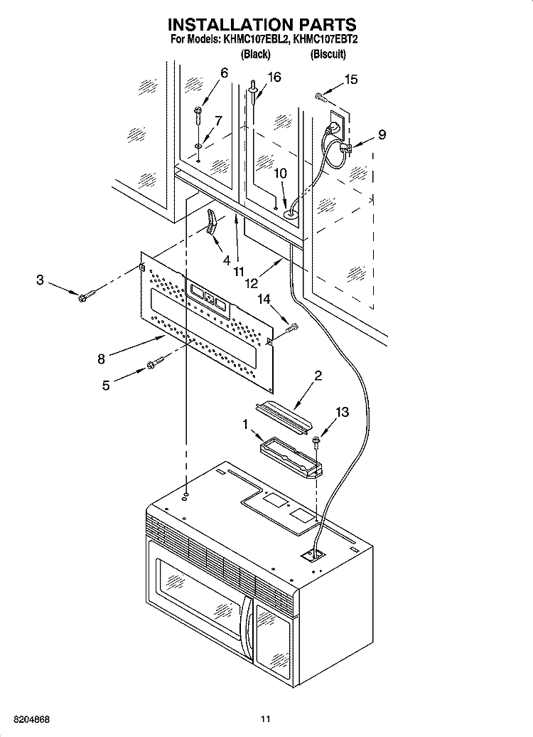 INSTALLATION PARTS Diagram and Parts List for KHMC107EBT2  KitchenAid Microwave