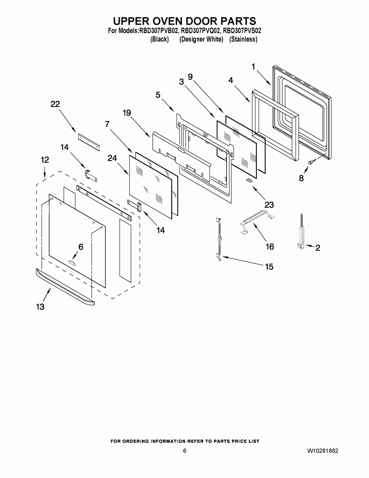 UPPER OVEN DOOR PARTS Diagram and Parts List for RBD307PVB02  Whirlpool Wall Oven