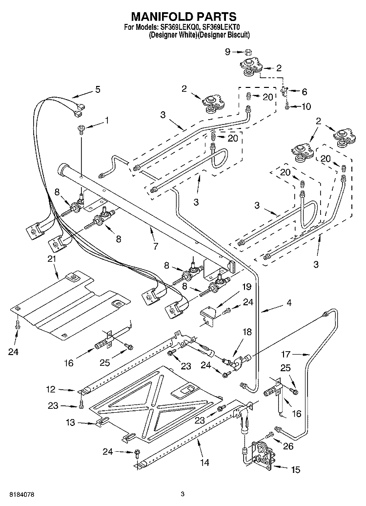 MANIFOLD Diagram and Parts List for SF369LEKQ0  Whirlpool Range