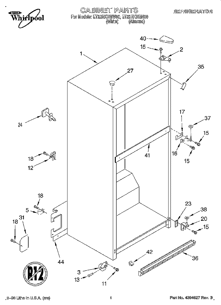 CABINET Diagram and Parts List for ET22RKXGN00  Whirlpool Refrigerator