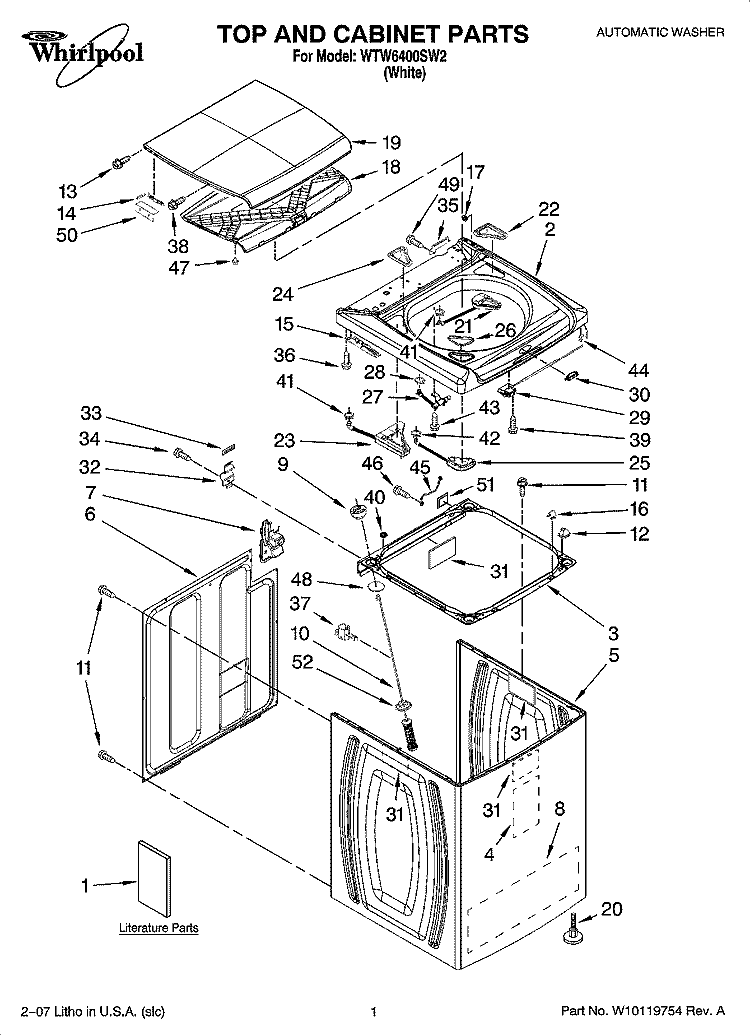 TOP AND CABINET PARTS Diagram and Parts List for WTW6400SW2  Whirlpool Washer