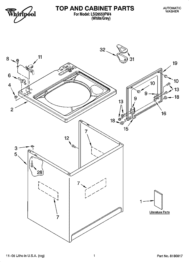 TOP AND CABINET PARTS Diagram and Parts List for LSQ9550PW4  Whirlpool Washer