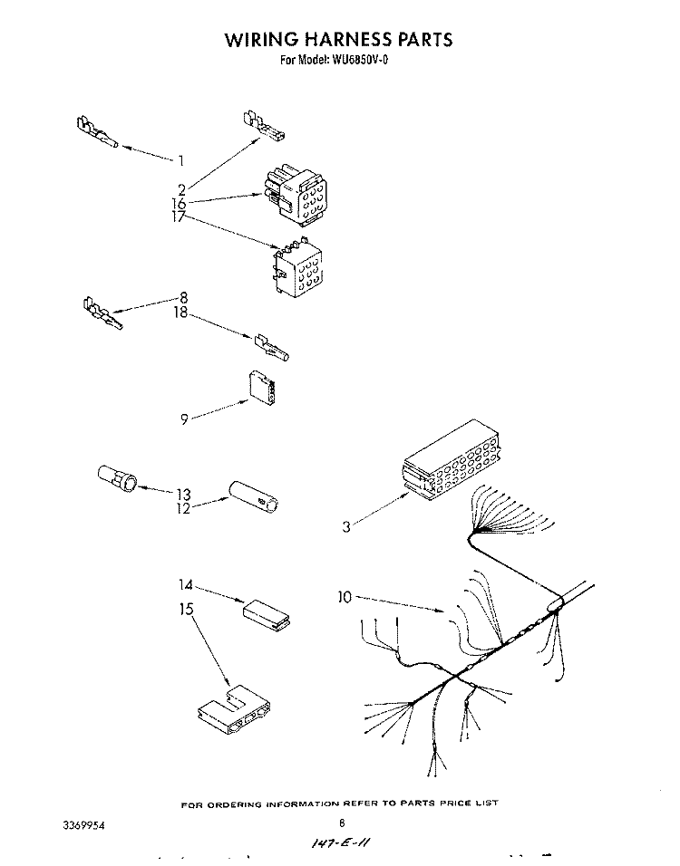 WIRING HARNESS Diagram and Parts List for WU6850V0  Roper Dishwasher