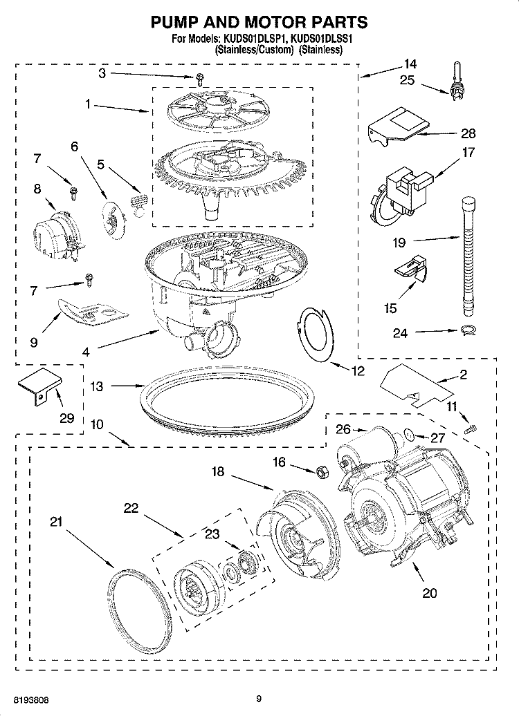 PUMP AND MOTOR PARTS Diagram and Parts List for KUDS01DLSS1  KitchenAid Dishwasher