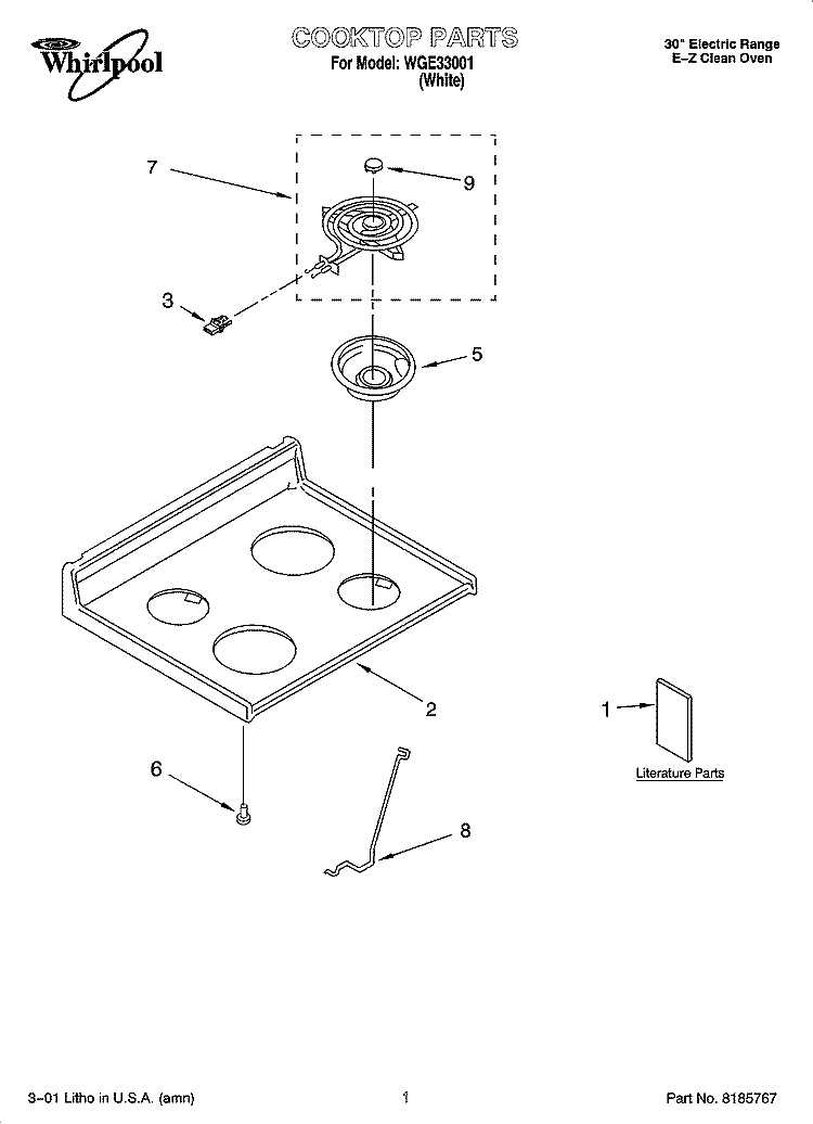 COOKTOP PARTS Diagram and Parts List for WGE33001  Whirlpool Range