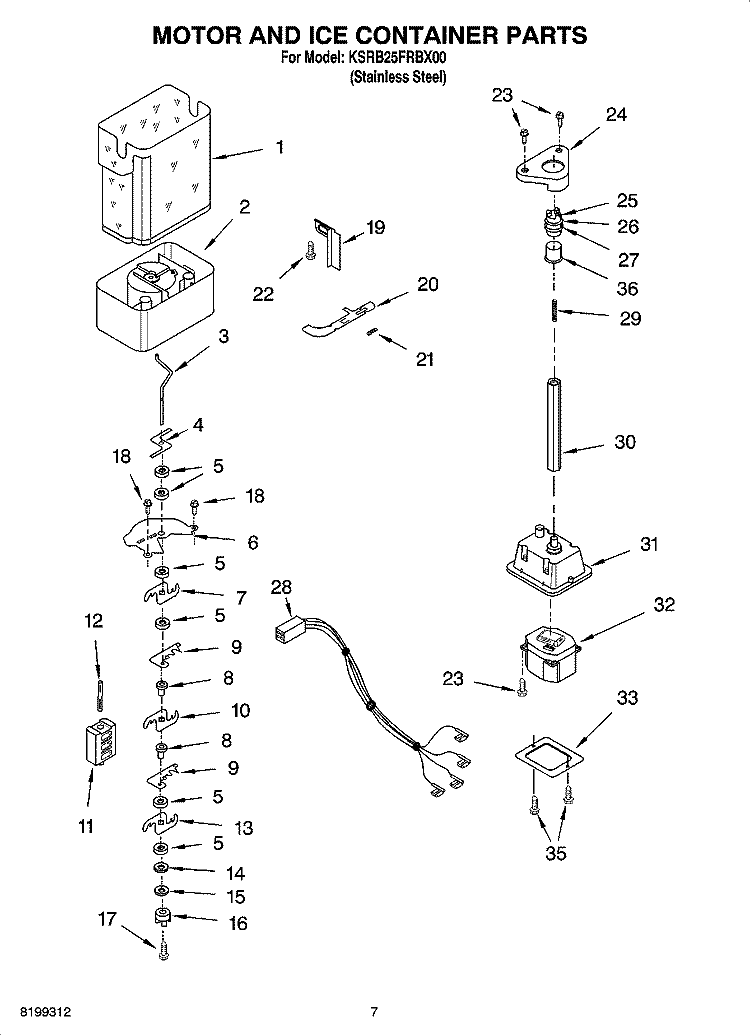 MOTOR AND ICE CONTAINER PARTS Diagram and Parts List for KSRB25FRBX00  KitchenAid Refrigerator