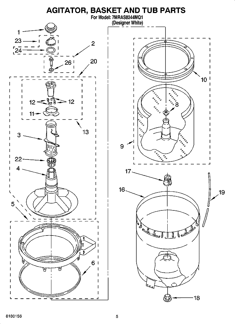 AGITATOR, BASKET AND TUB PARTS Diagram and Parts List for 7MRAS8244MQ1  Roper Washer