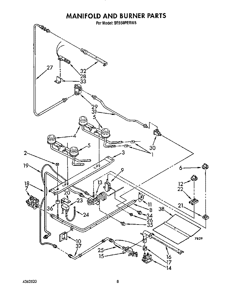 MANIFOLD AND BURNER Diagram and Parts List for SE950PERW8  Whirlpool Range
