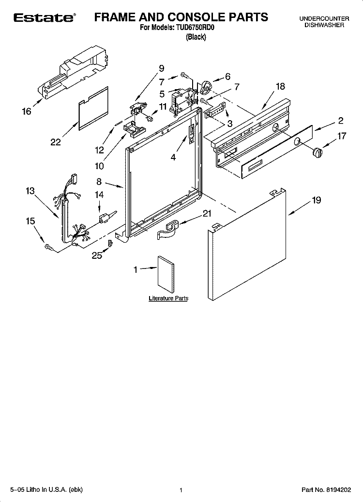 FRAME AND CONSOLE PARTS Diagram and Parts List for TUD6750RD0  Estate Dishwasher