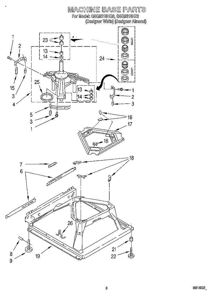 MACHINE BASE Diagram and Parts List for GSQ9310HQ0  Whirlpool Washer
