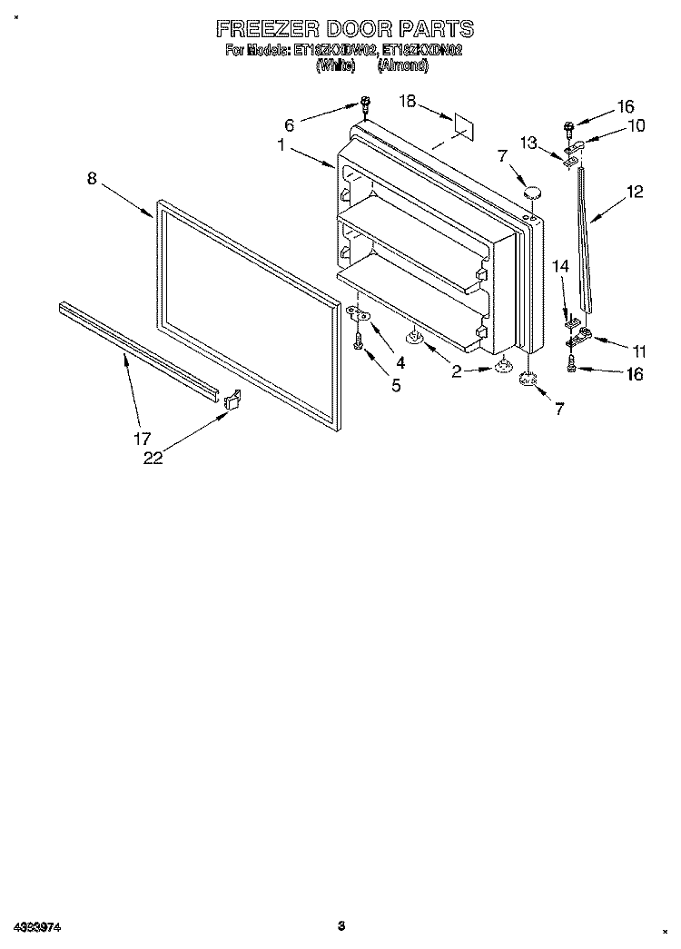 FREEZER DOOR Diagram and Parts List for ET18ZKXDW02  Whirlpool Refrigerator