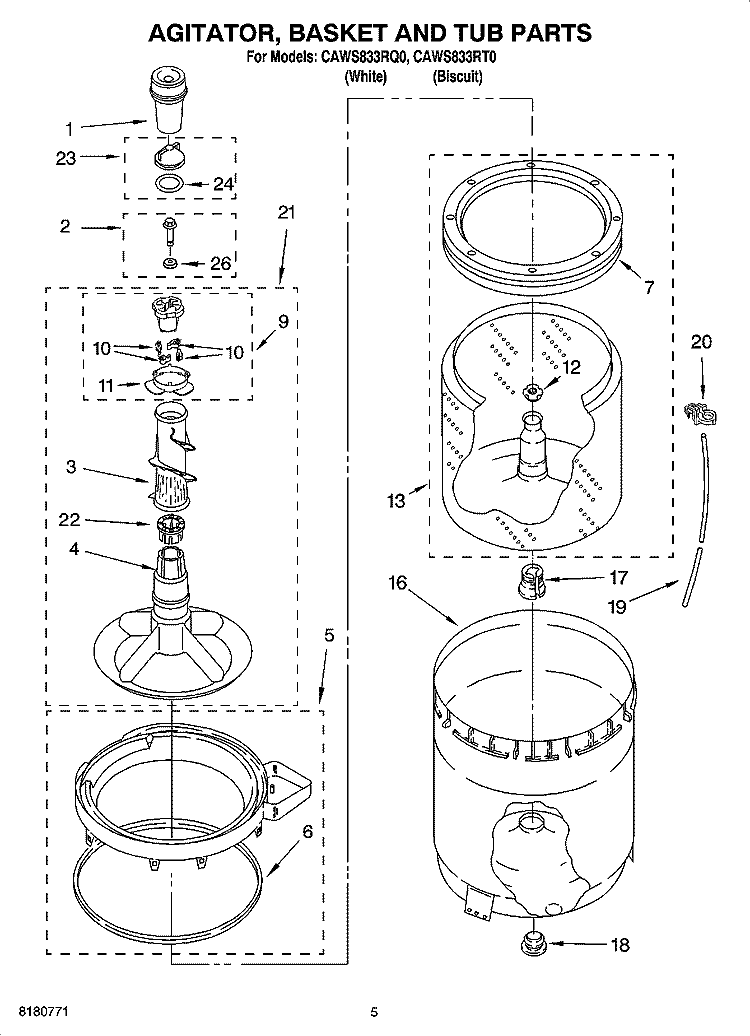 AGITATOR, BASKET AND TUB PARTS Diagram and Parts List for CAWS833RT0  Crosley Washer