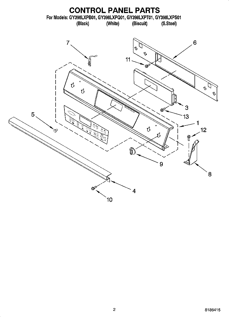 CONTROL PANEL PARTS Diagram and Parts List for GY398LXPT01  Whirlpool Range