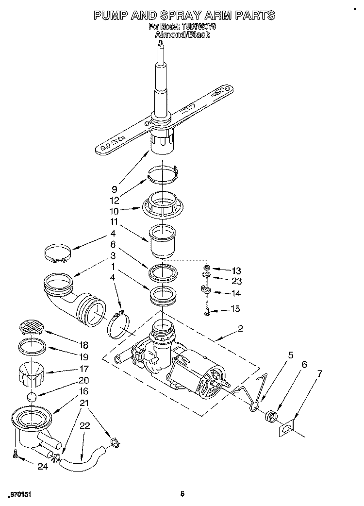 PUMP AND SPRAY ARM Diagram and Parts List for TUD7000Y0  Whirlpool Dishwasher