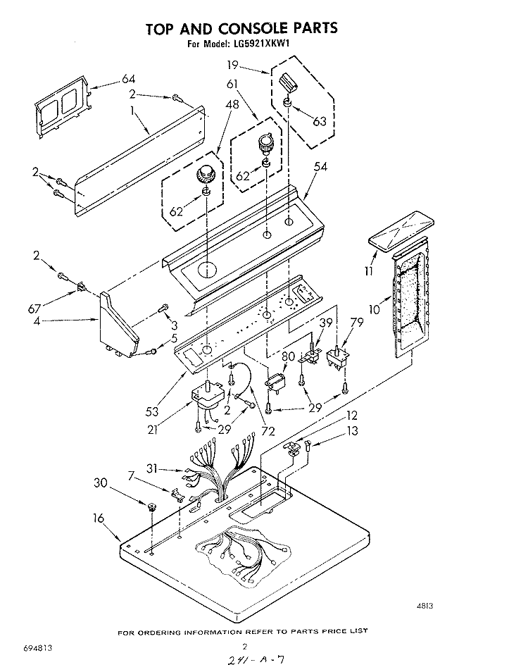 TOP AND CONSOLE , LIT/OPTIONAL Diagram and Parts List for LG5921XKW1  Whirlpool Dryer