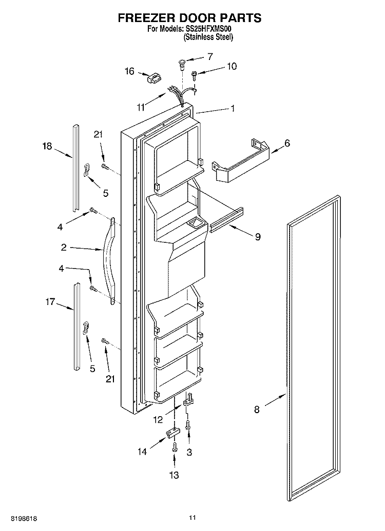 FREEZER DOOR PARTS Diagram and Parts List for SS25HFXMS00  Whirlpool Refrigerator