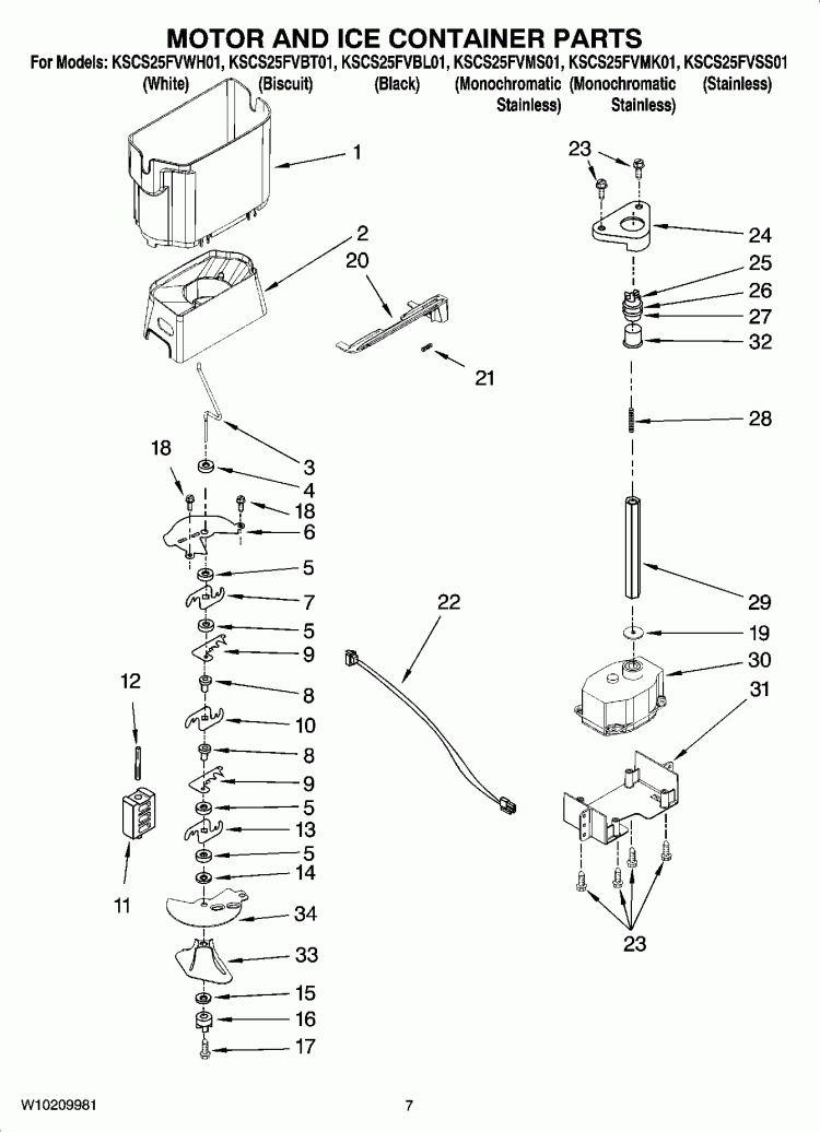 MOTOR AND ICE CONTAINER PARTS Diagram and Parts List for KSCS25FVBT01  KitchenAid Refrigerator
