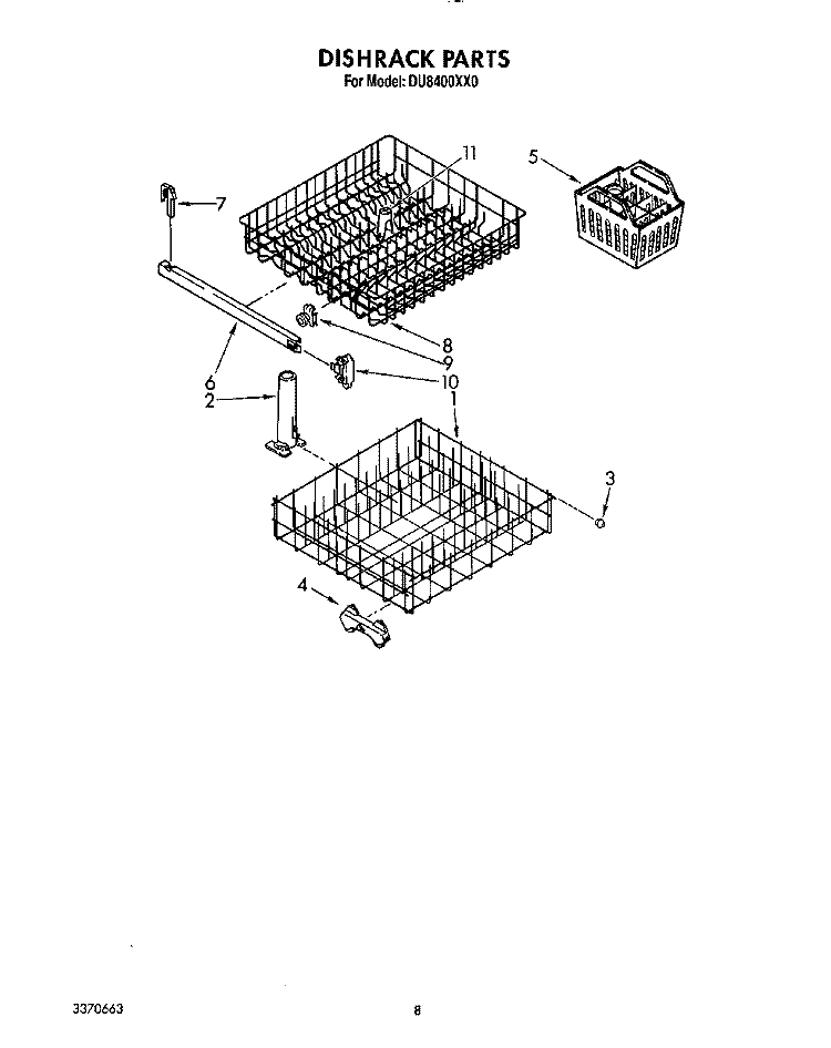 DISHRACK Diagram and Parts List for DU8400XX0  Whirlpool Dishwasher