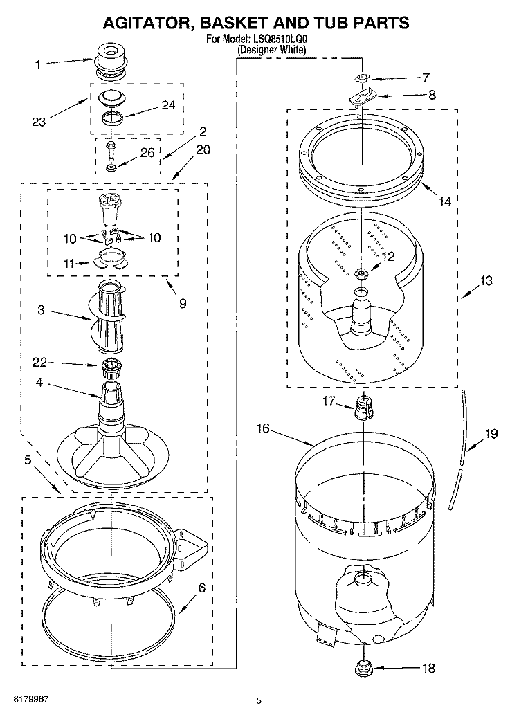 AGITATOR, BASKET AND TUB PARTS Diagram and Parts List for LSQ8510LQ0  Whirlpool Washer