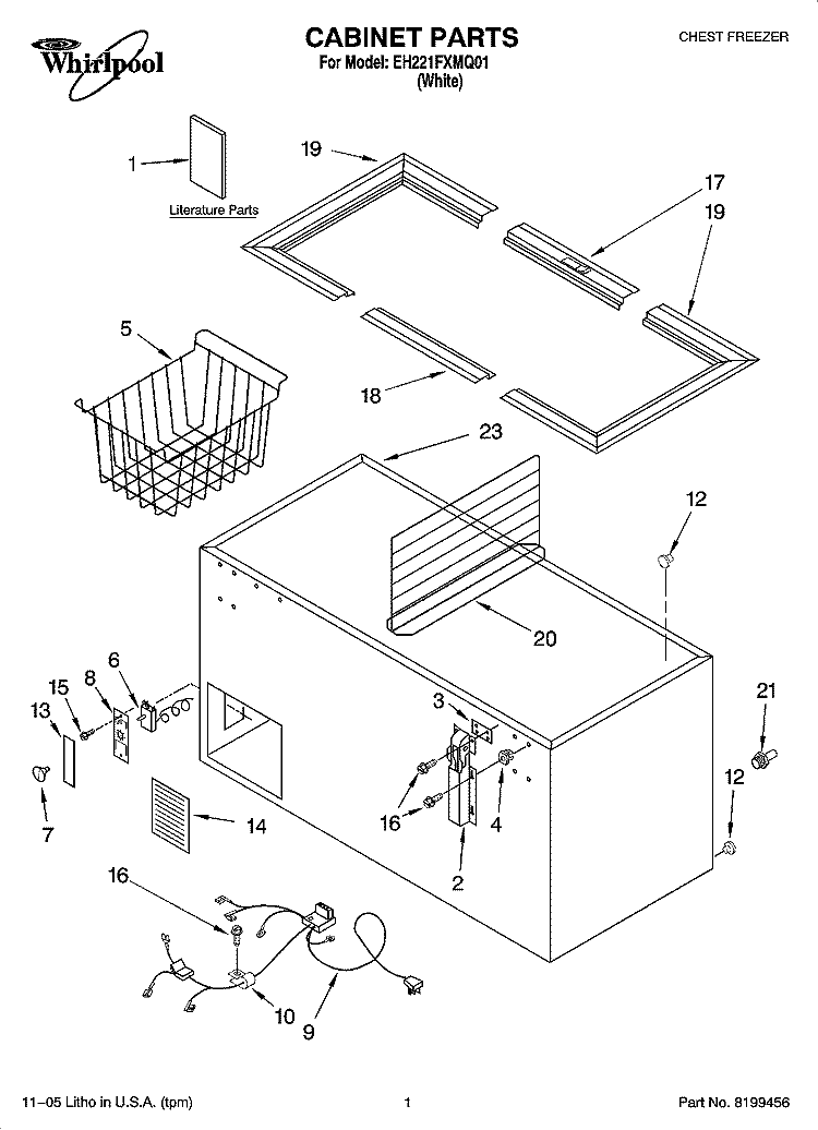 CABINET PARTS Diagram and Parts List for EH221FXMQ01  Whirlpool Freezer