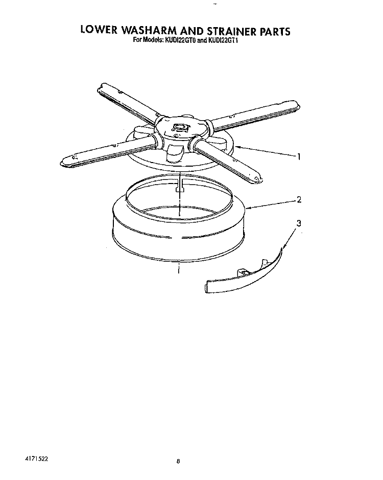 LOWER WASHARM AND STRAINER Diagram and Parts List for KUDI22GT0  KitchenAid Dishwasher