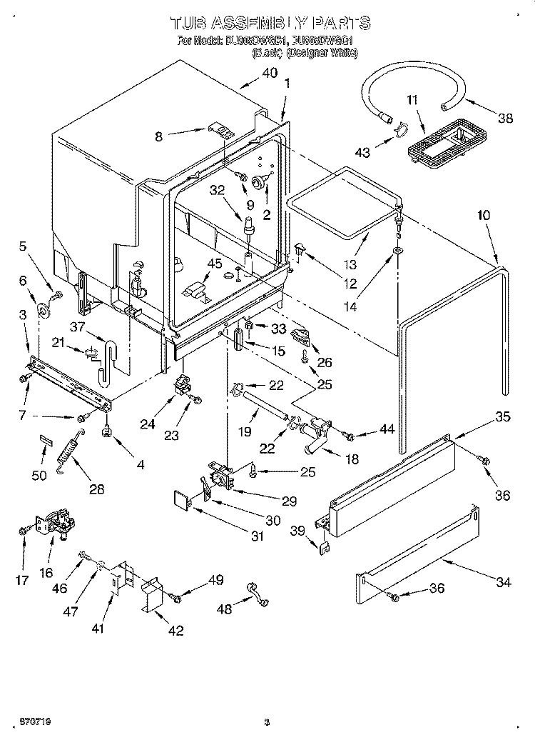 TUB ASSEMBLY Diagram and Parts List for DU805DWGQ1  Whirlpool Dishwasher