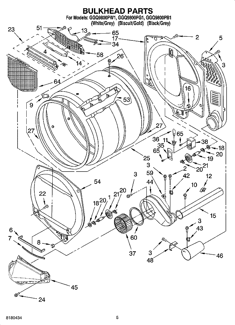 BULKHEAD PARTS Diagram and Parts List for GGQ9800PW1  Whirlpool Dryer