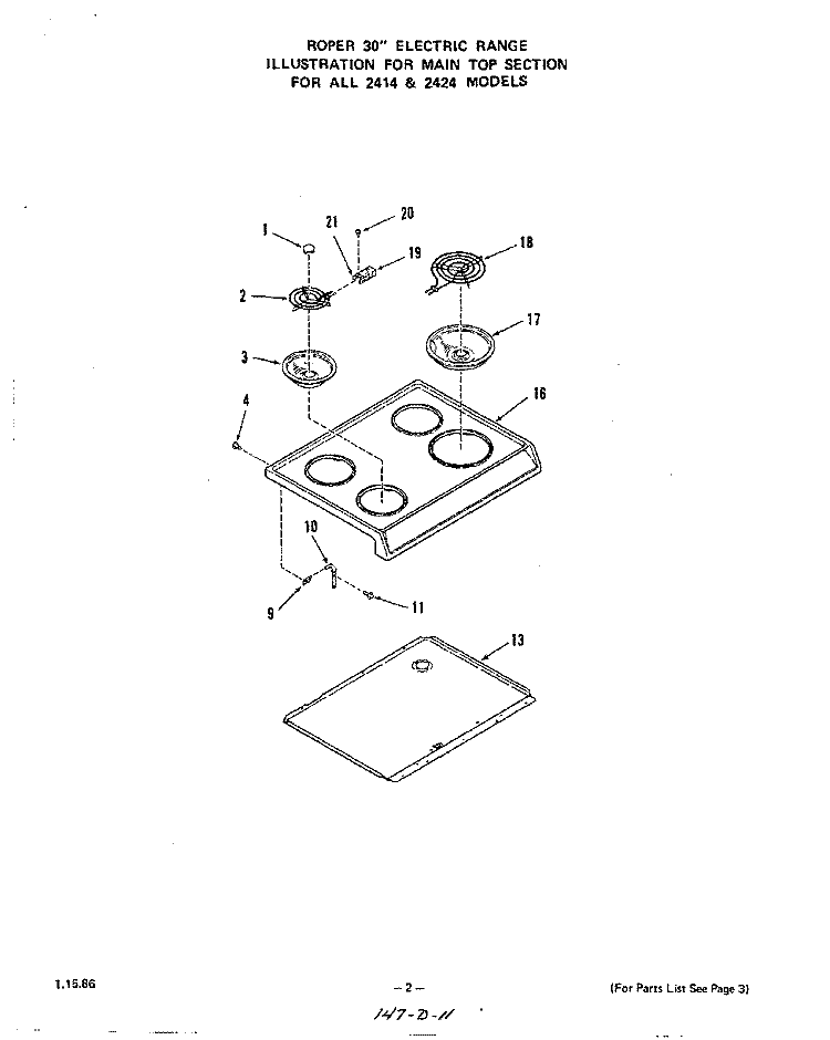 MAIN TOP Diagram and Parts List for 2424W0A  Roper Range