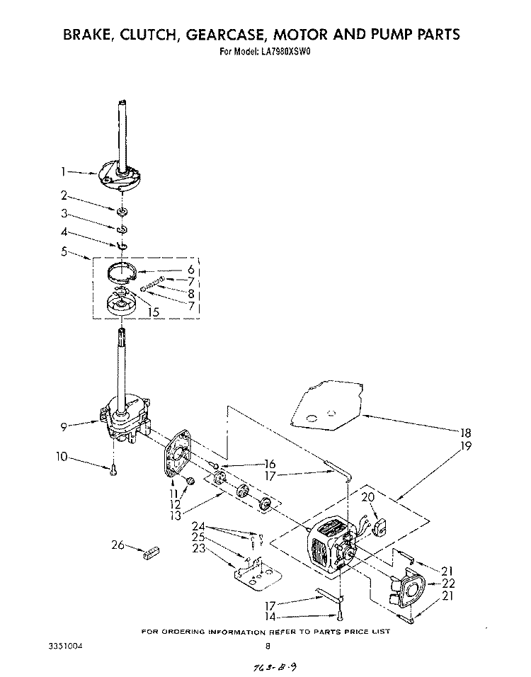BRAKE, CLUTCH, GEARCASE, MOTOR AND PUMP Diagram and Parts List for LA7980XSW0  Whirlpool Washer