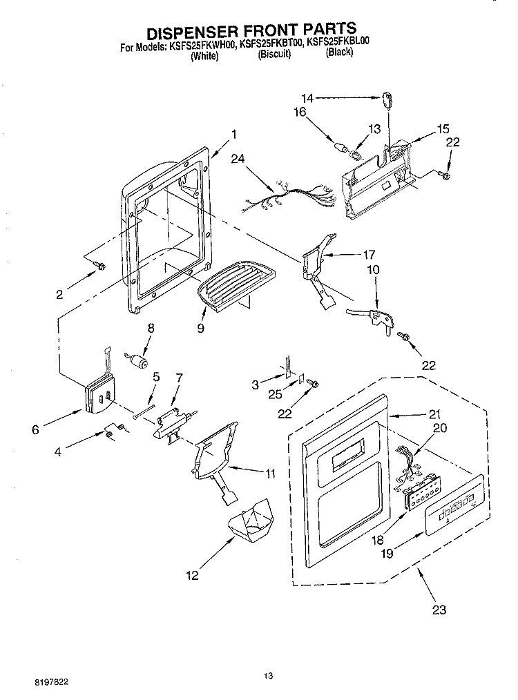 DISPENSER FRONT PARTS Diagram and Parts List for KSFS25FKWH00  KitchenAid Refrigerator