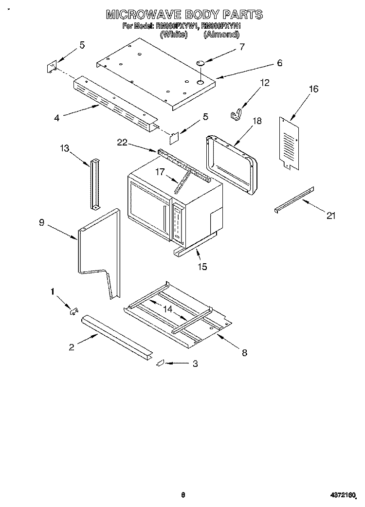 MICROWAVE BODY Diagram and Parts List for RM980PXYN1  Whirlpool Microwave Oven Combo