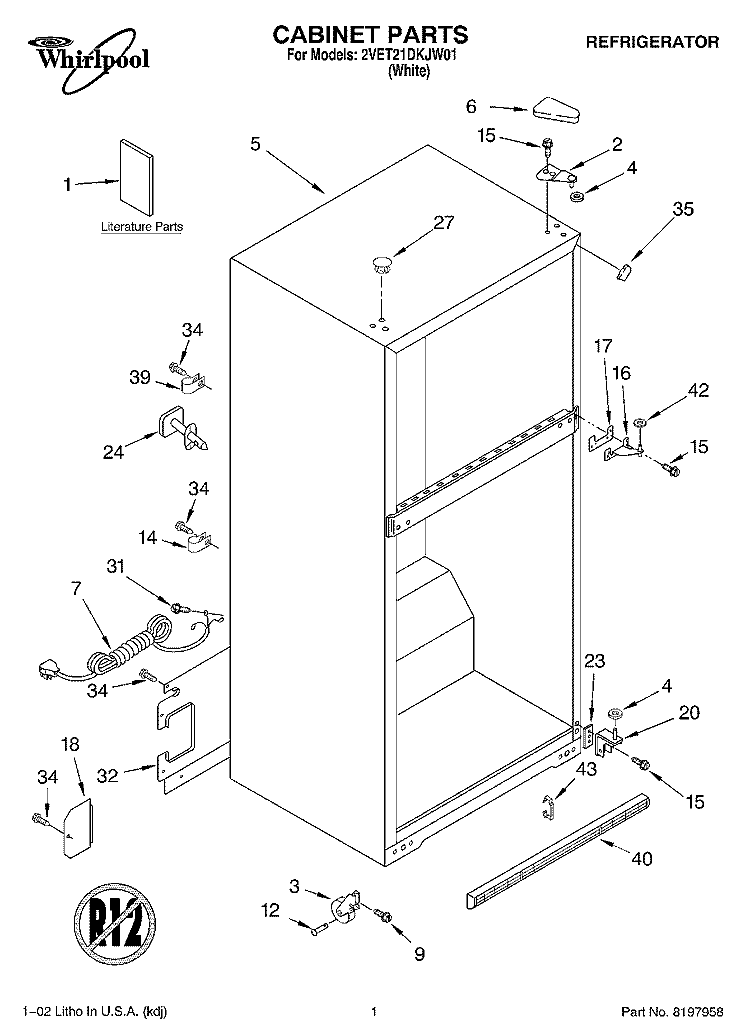 CABINET, LITERATURE Diagram and Parts List for 2VET21DKJW01  Whirlpool Refrigerator