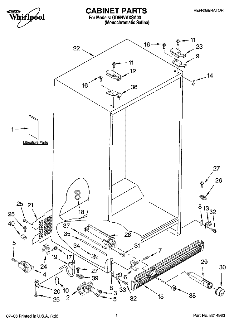 CABINET PARTS Diagram and Parts List for GD5NVAXSA00  Whirlpool Refrigerator