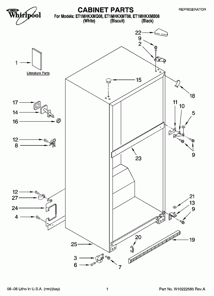 CABINET PARTS Diagram and Parts List for ET1MHKXMQ08  Whirlpool Refrigerator