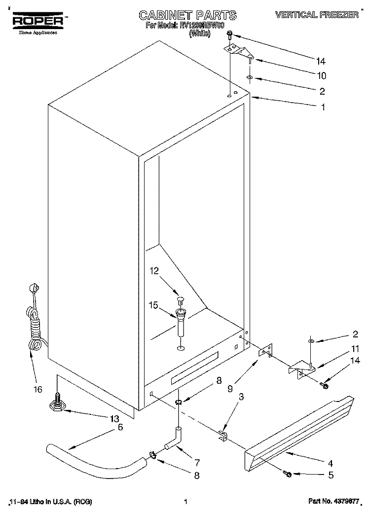 CABINET Diagram and Parts List for RV1299RBW00  Roper Freezer