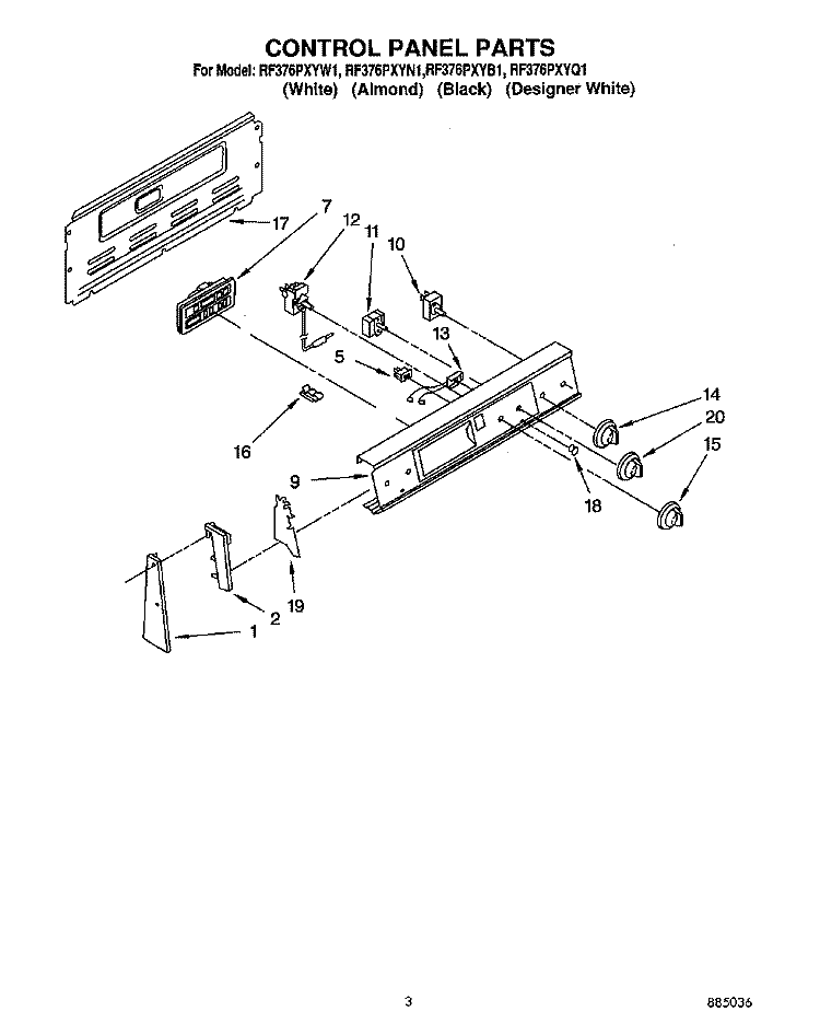 CONTROL PANEL Diagram and Parts List for RF376PXYN1  Whirlpool Range