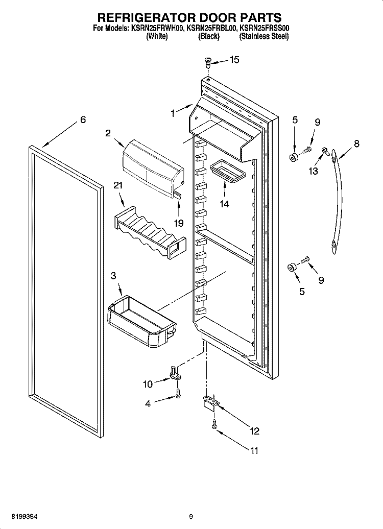 REFRIGERATOR DOOR PARTS Diagram and Parts List for KSRN25FRBL00  KitchenAid Refrigerator