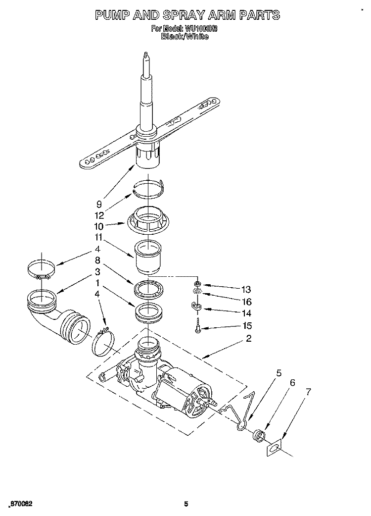 PUMP AND SPRAY ARM Diagram and Parts List for WU1000X8  Roper Dishwasher