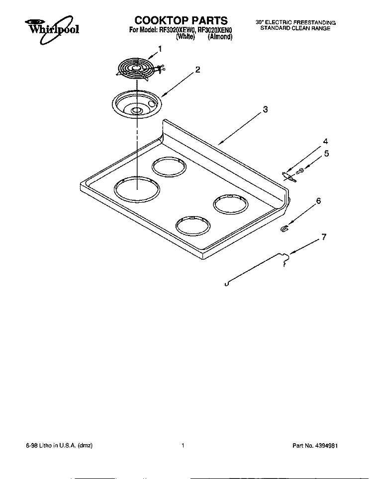 COOKTOP Diagram and Parts List for RF3020XEN0  Whirlpool Range