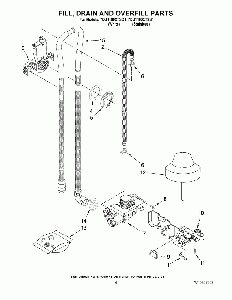 FILL DRAIN AND OVERFILL PARTS Diagram and Parts List for 7DU1100XTSQ1  Whirlpool Dishwasher